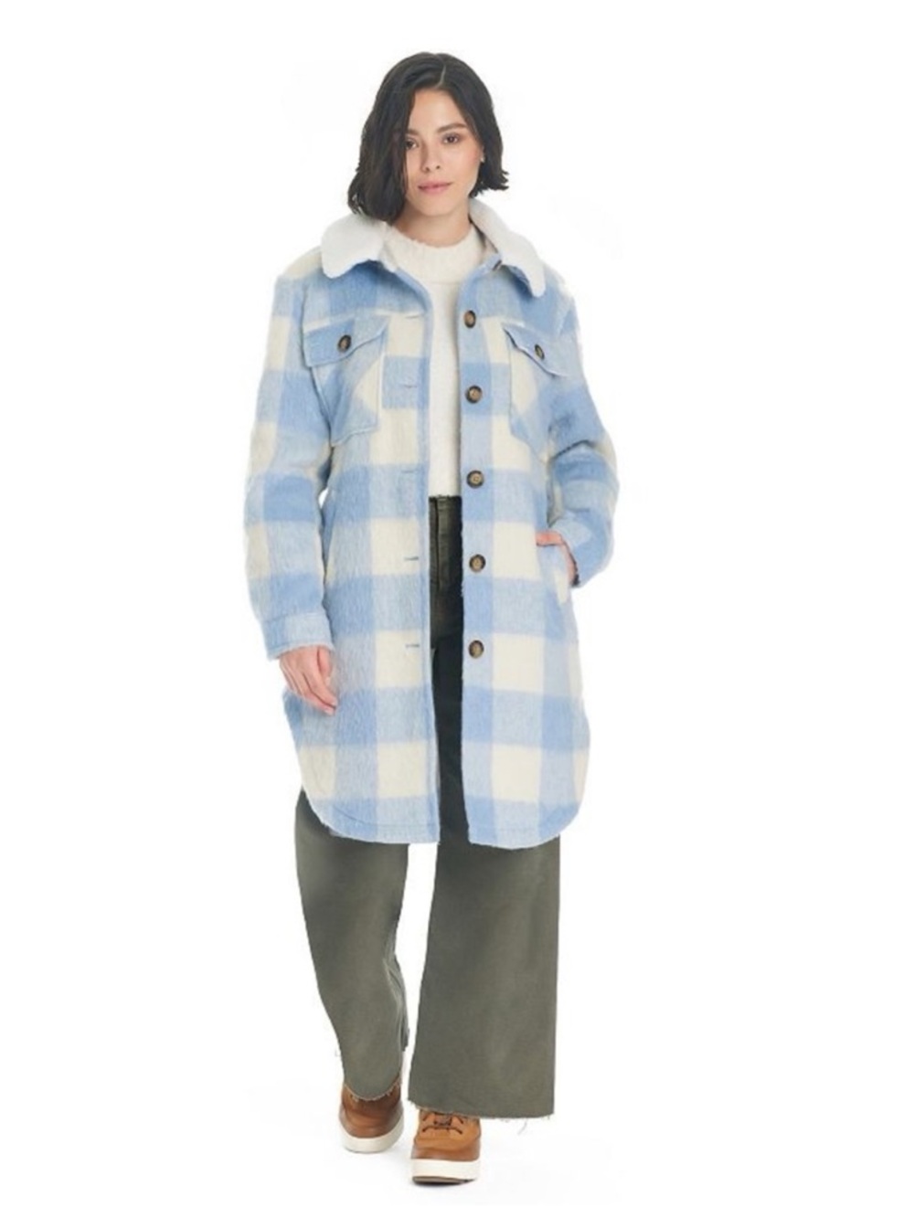 Koolaburra by Ugg Plaid Sherpa Collar Shacket Blue White Buffalo Check Large